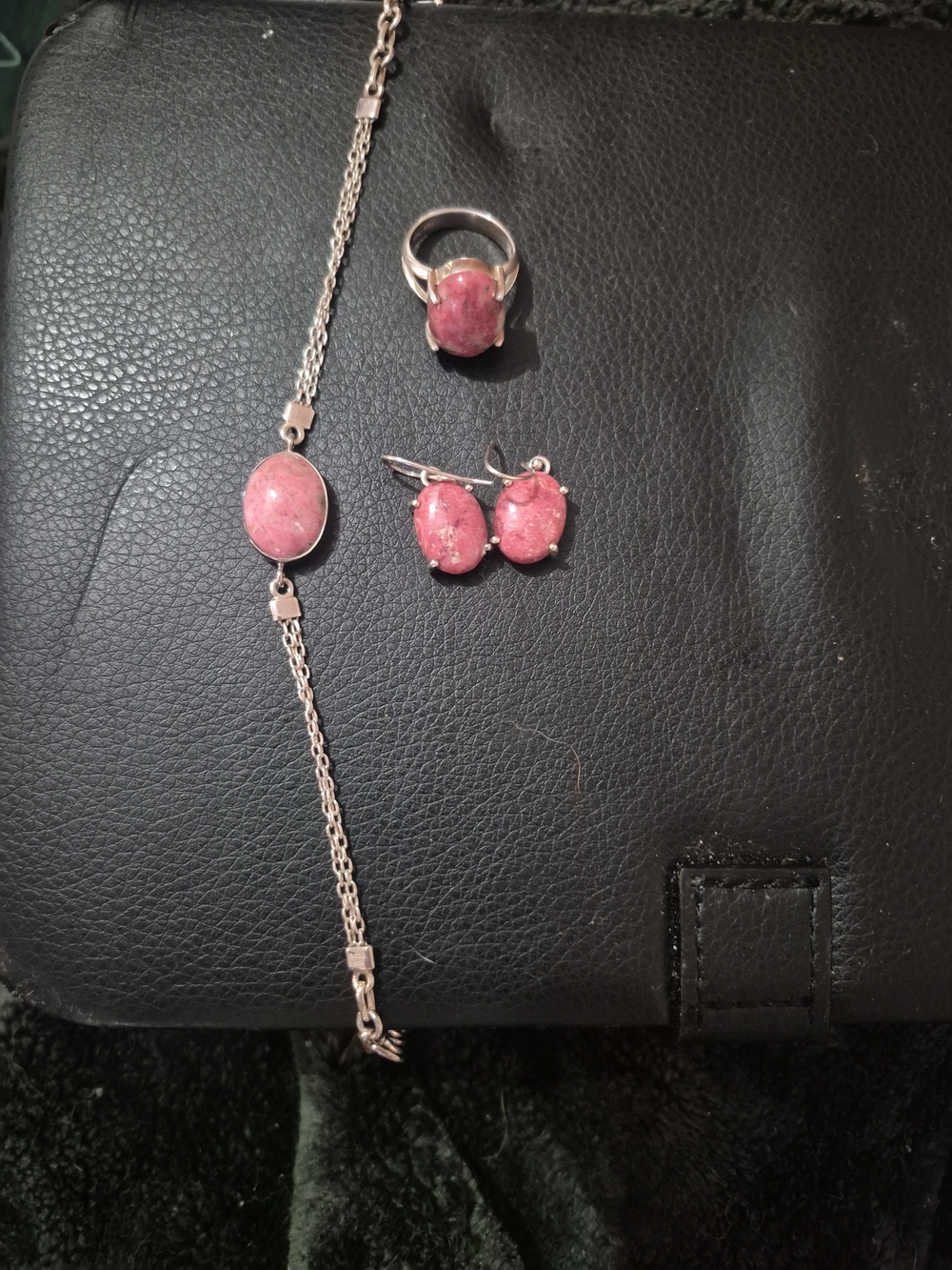 Pink Stone (Real Gemstones) Silver Bracelet, Earrings & Ring Set